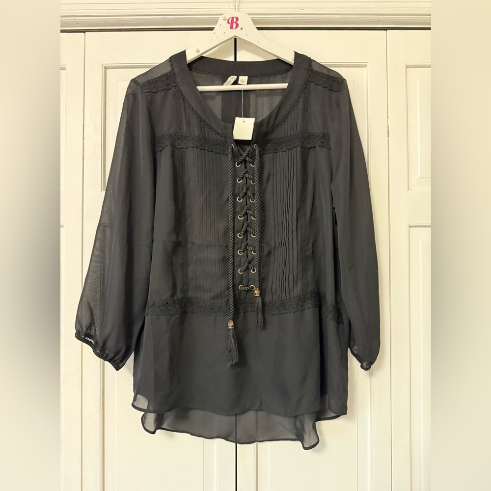 NWT Cato BLACK SHEER GROMMET LACE UP TASSEL TIE PLEATED Whimsigoth FairyGrunge